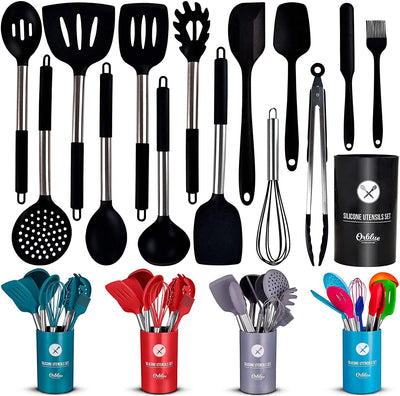 ORBLUE Silicone Cooking Utensil Set, 14-Piece Kitchen Utensils with Holder, Safe Food-Grade Silicone Heads and Stainless Steel Handles with Heat-Proof Silicone Handle Covers - Orblue