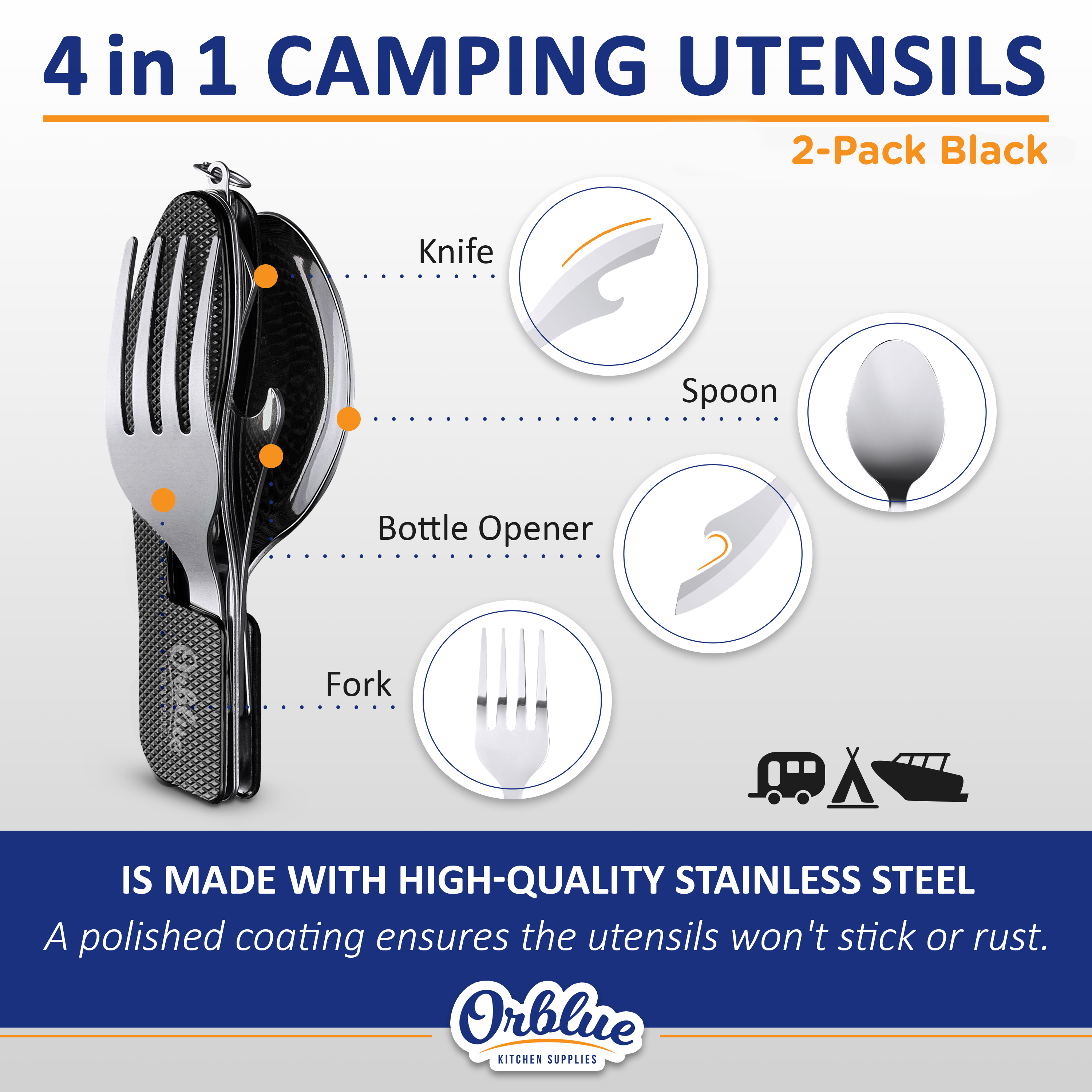 2 Sets 4 in 1 Eating Utensils Stainless Steel Camp Hiking Fork Knife Can  Opener