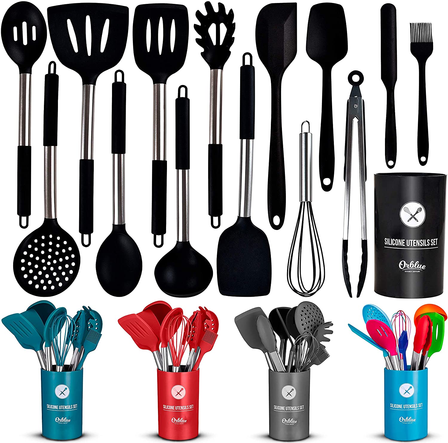ORBLUE 14-piece Silicone Kitchen Utensil Set with Caddy for