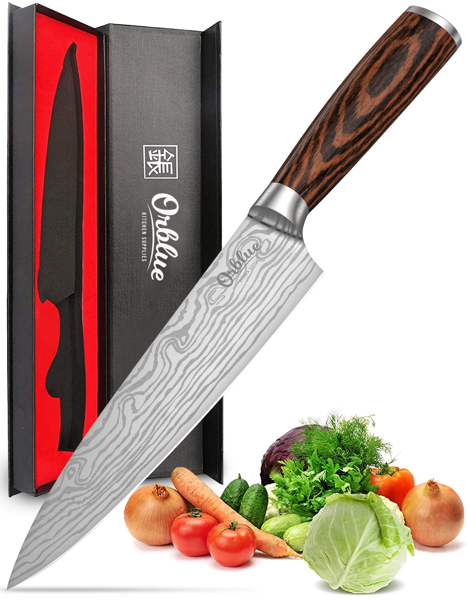 Professional Chef Knife Set, 8 Pieces High Carbon Stainless Steel Masterchef Knives with Knife Sharpening Rod Roll Bag and More Kitchen Gadgets