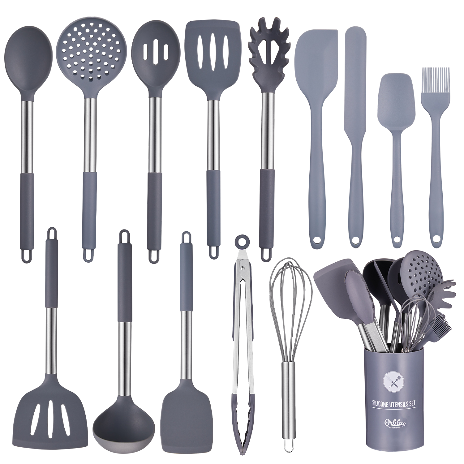 Orblue Silicone Cooking Utensil Set, 14-Piece Kitchen Utensils with Holder,  Safe Food-Grade Silicone Heads and Stainless Steel Handles with Heat-Proof  Silicone Handle Covers, Gray 